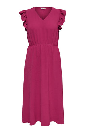 Front view of Only Carmakoma Metta Dress in Wine, a maxi length dress with short ruffled sleeves, a V neckline and an elasticated waistband on a white background