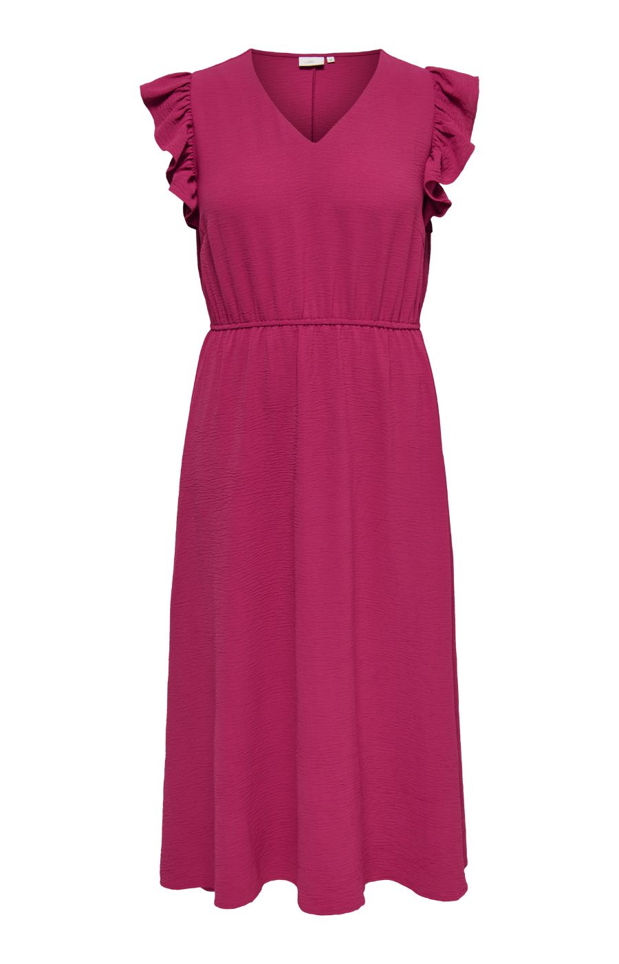 Front view of Only Carmakoma Metta Dress in Wine, a maxi length dress with short ruffled sleeves, a V neckline and an elasticated waistband on a white background