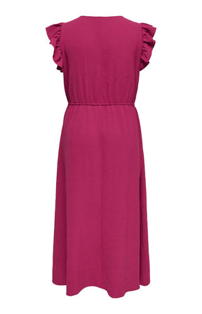Back view of Only Carmakoma Metta Dress in Wine, a maxi length dress with short ruffled sleeves, a V neckline and an elasticated waistband on a white background