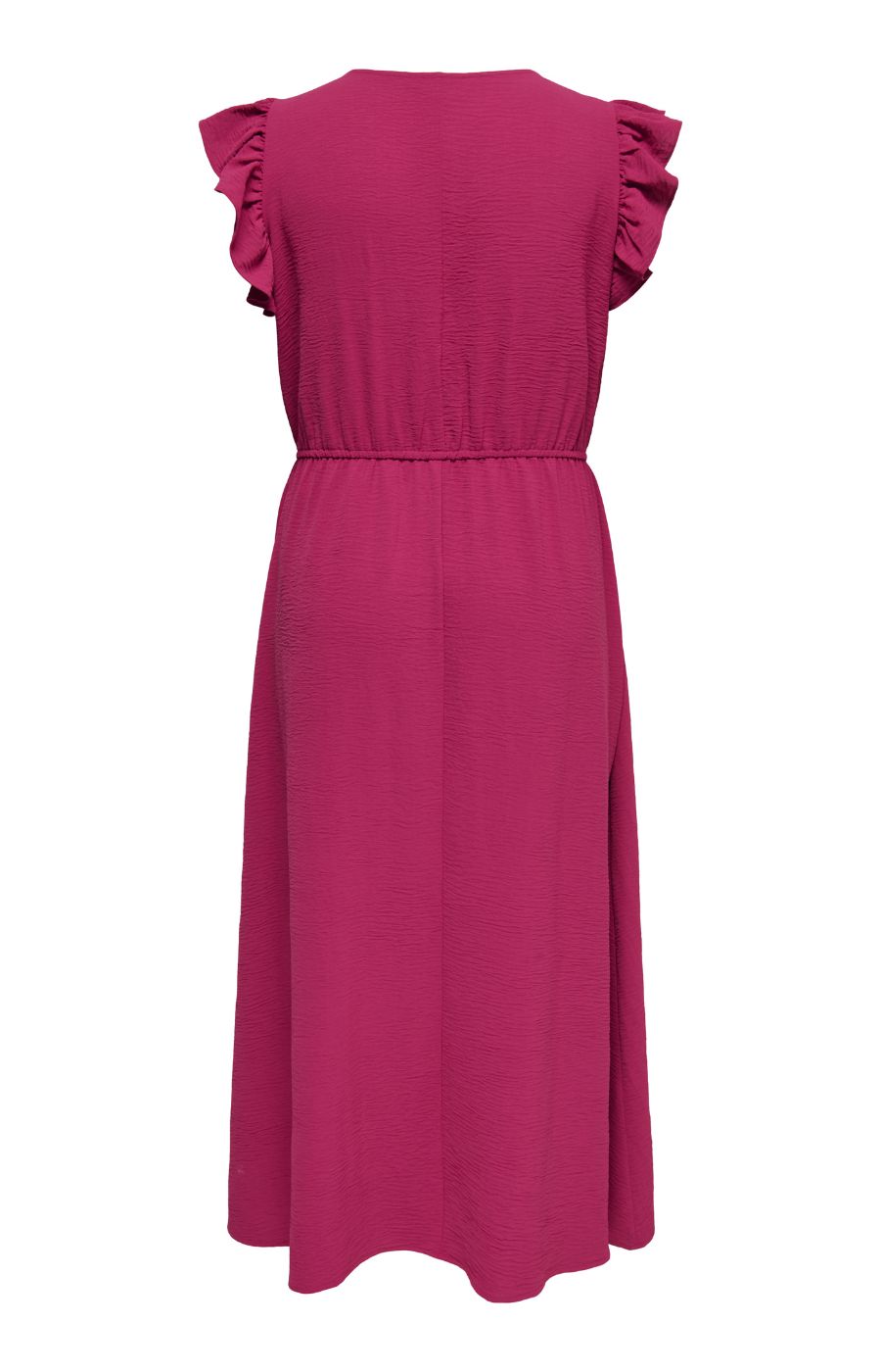 Back view of Only Carmakoma Metta Dress in Wine, a maxi length dress with short ruffled sleeves, a V neckline and an elasticated waistband on a white background
