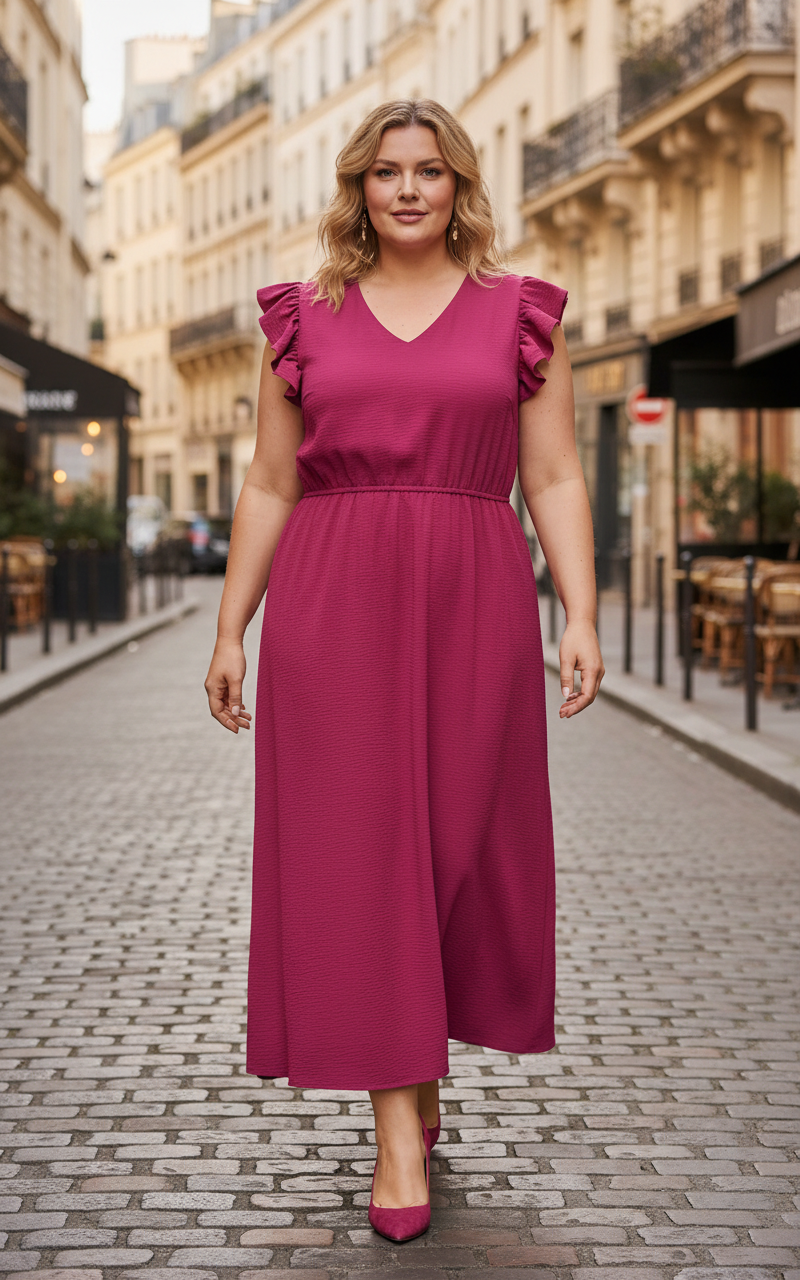 Woman in a wine coloured dress standing on a city street.