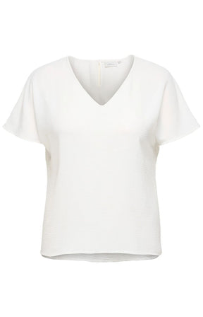 White top, V neckline with short, flowy sleeves on a white background