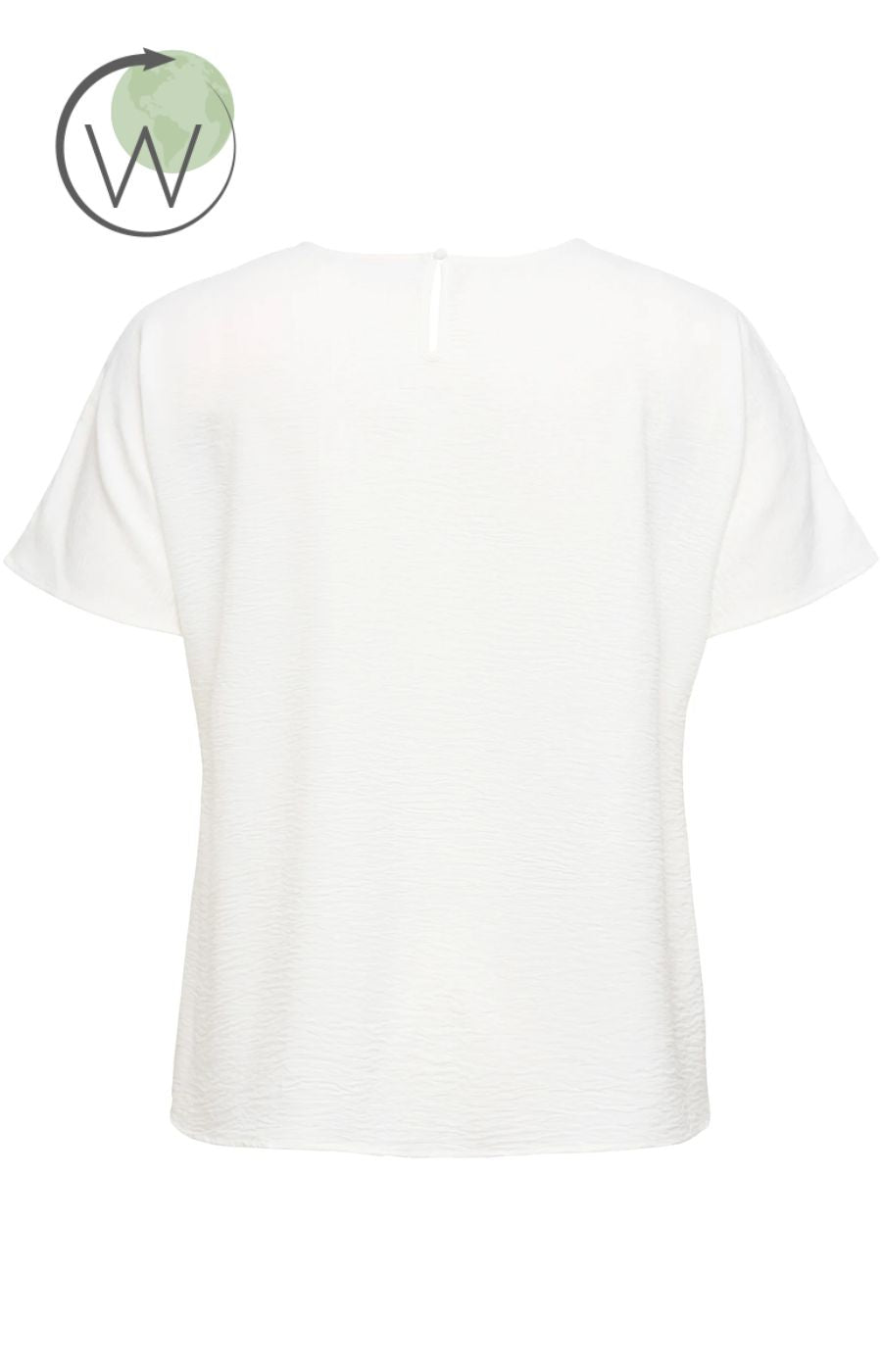 White top, V neckline with short, flowy sleeves on a white background, Sustainably made