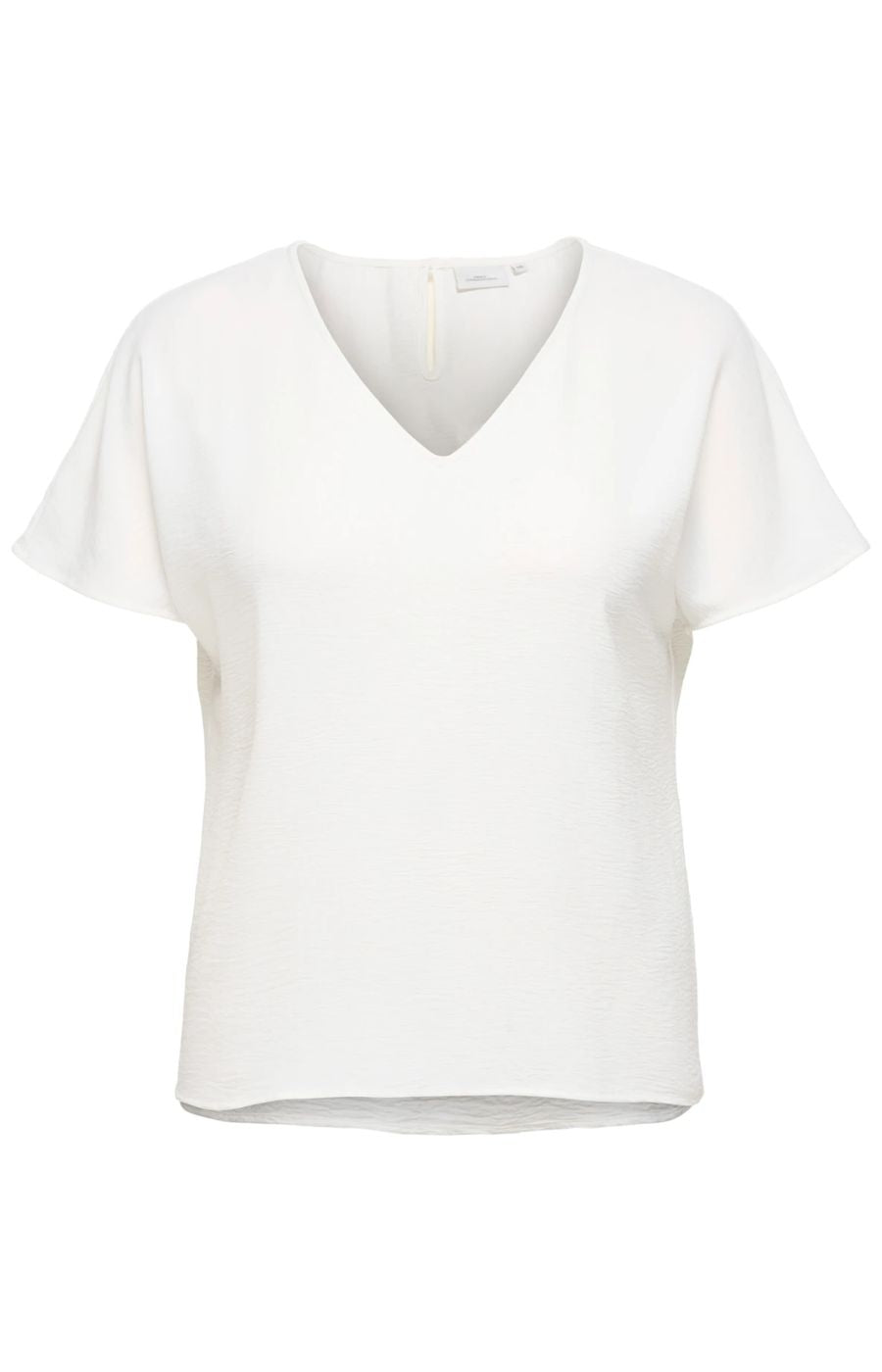 White top, V neckline with short, flowy sleeves on a white background