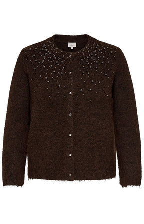 The Only Carmakoma Miggie Cardigan in Coffee Bean, A dark brown textured knit cardigan sweater with silver rhinestone embellishments across the chest and shoulders, shown against a plain white background.