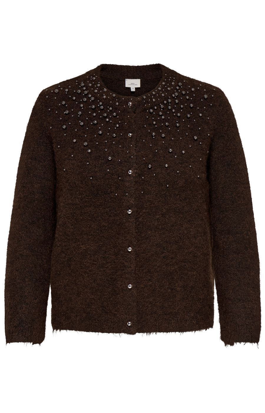 The Only Carmakoma Miggie Cardigan in Coffee Bean, A dark brown textured knit cardigan sweater with silver rhinestone embellishments across the chest and shoulders, shown against a plain white background.