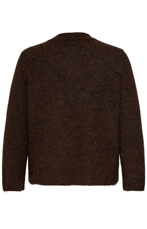 The Only Carmakoma Miggie Cardigan in Coffee Bean, A dark brown textured knit sweater shown from the back, photographed against a solid white background.