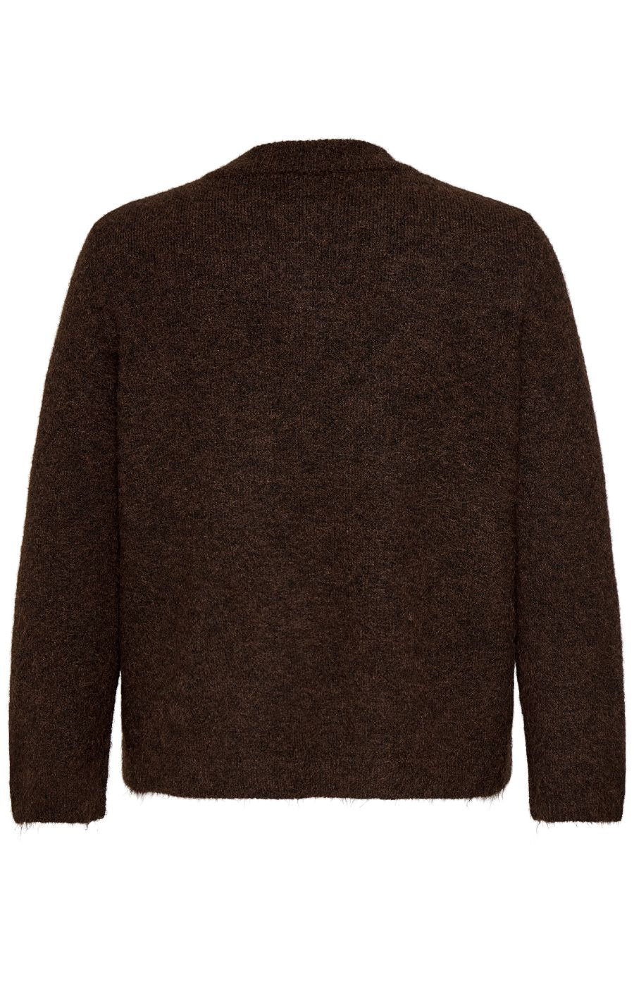 The Only Carmakoma Miggie Cardigan in Coffee Bean, A dark brown textured knit sweater shown from the back, photographed against a solid white background.