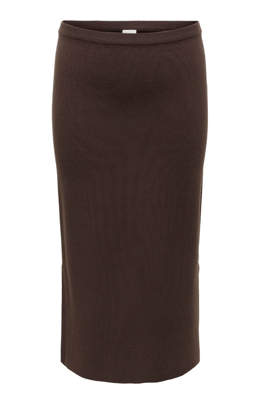 The Only Carmakoma Ribi Skirt in Brown, a  dark brown knit pencil skirt shown on a white background.