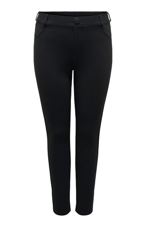 Only Carmakoma Tay Trousers in Black ,Black slim-fit ankle-length trousers with a button closure and belt loops, shown on a plain white background.