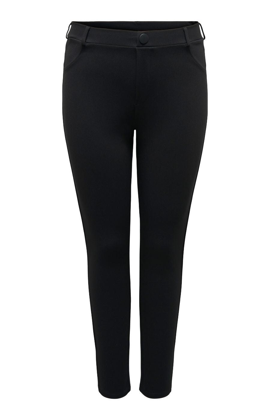 Only Carmakoma Tay Trousers in Black ,Black slim-fit ankle-length trousers with a button closure and belt loops, shown on a plain white background.