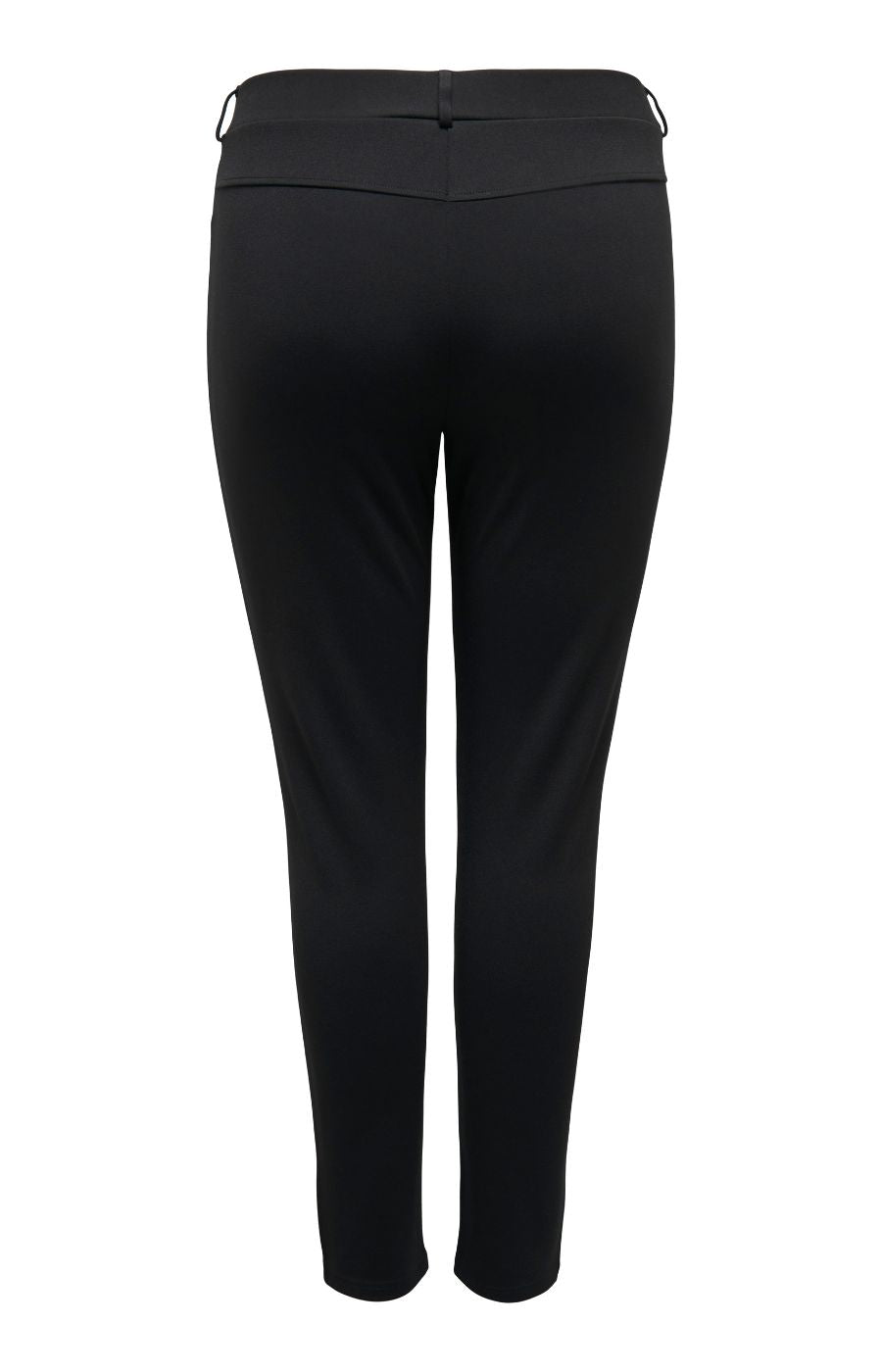 Only Carmakoma Tay Trousers in Black, Black high-waisted cropped pants shown from the back, featuring a structured waistband with side adjusters and a clean silhouette, on a solid white background.