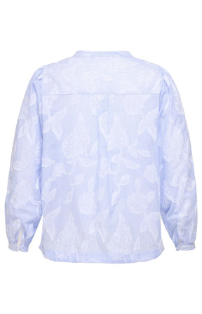 Light blue blouse with long sleeves on a white background