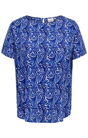 Blue blouse with white leaf pattern on a white background