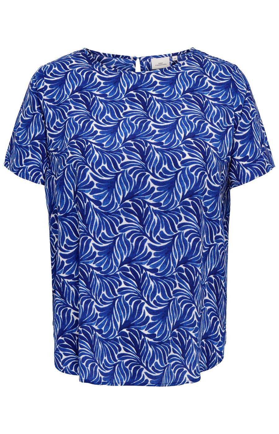 Blue blouse with white leaf pattern on a white background