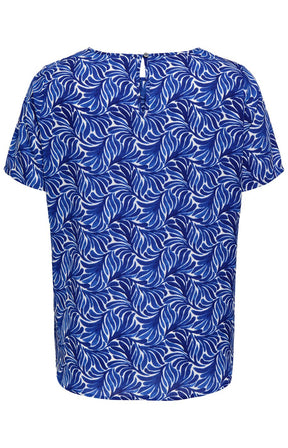 Blue and white patterned blouse on a white background