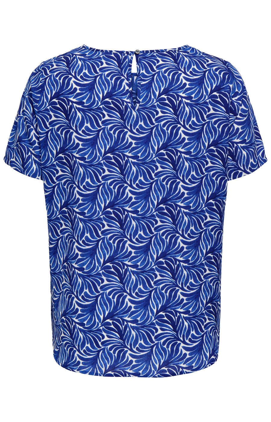 Blue and white patterned blouse on a white background