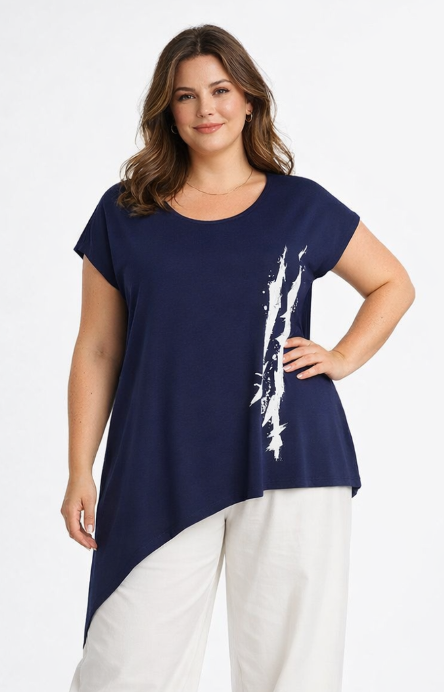 Woman wearing a navy blue t-shirt with a white graphic design on a white background