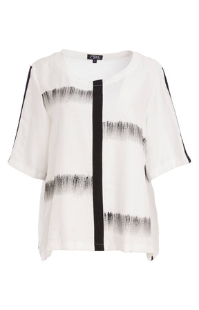 The Ora Blouse in White with Black, a white blouse with black patterns, with a round neckline, 1/2 length sleeves and a relaxed fit 
