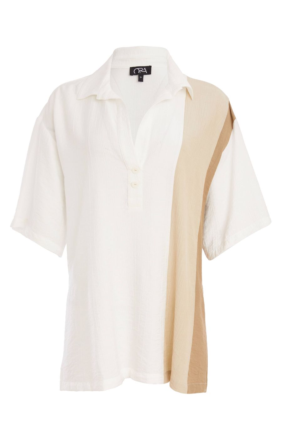 Woman wearing the Ora Crinkle Top with Collar in Beige, a white top with a beige side stripe down the front and back, a collard V neckline, short sleeves and side slits, worn with beige pants against a plain background  