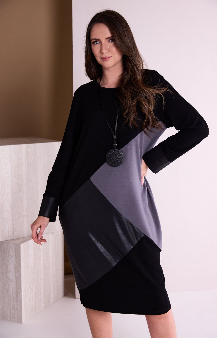 Ora Dress with Contrasting Panels in Black 