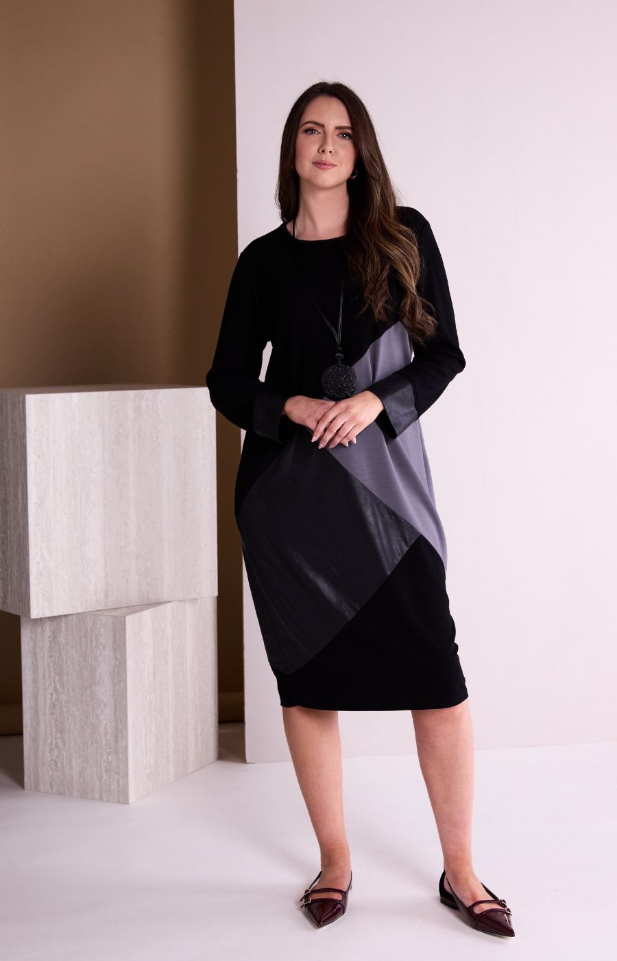 Ora Dress with Contrasting Panels in Black 