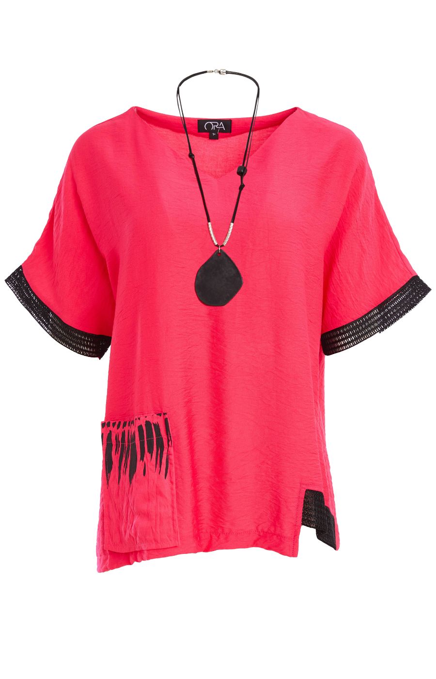 Woman wearing the Ora Feather Print Top in Pink, a pink blouse with black trim, front pocket,  V neckline and short sleeves and black trousers against a white background, Necklace in this picture included