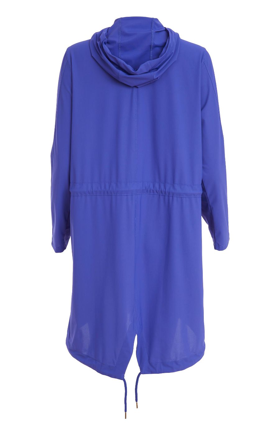 Woman wearing the Ora Hooded Jacket in Blue, with the blue Ora travel trousers a blue outfit with a white background  