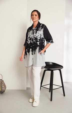 Ora Long Line Printed Shirt in Black 
