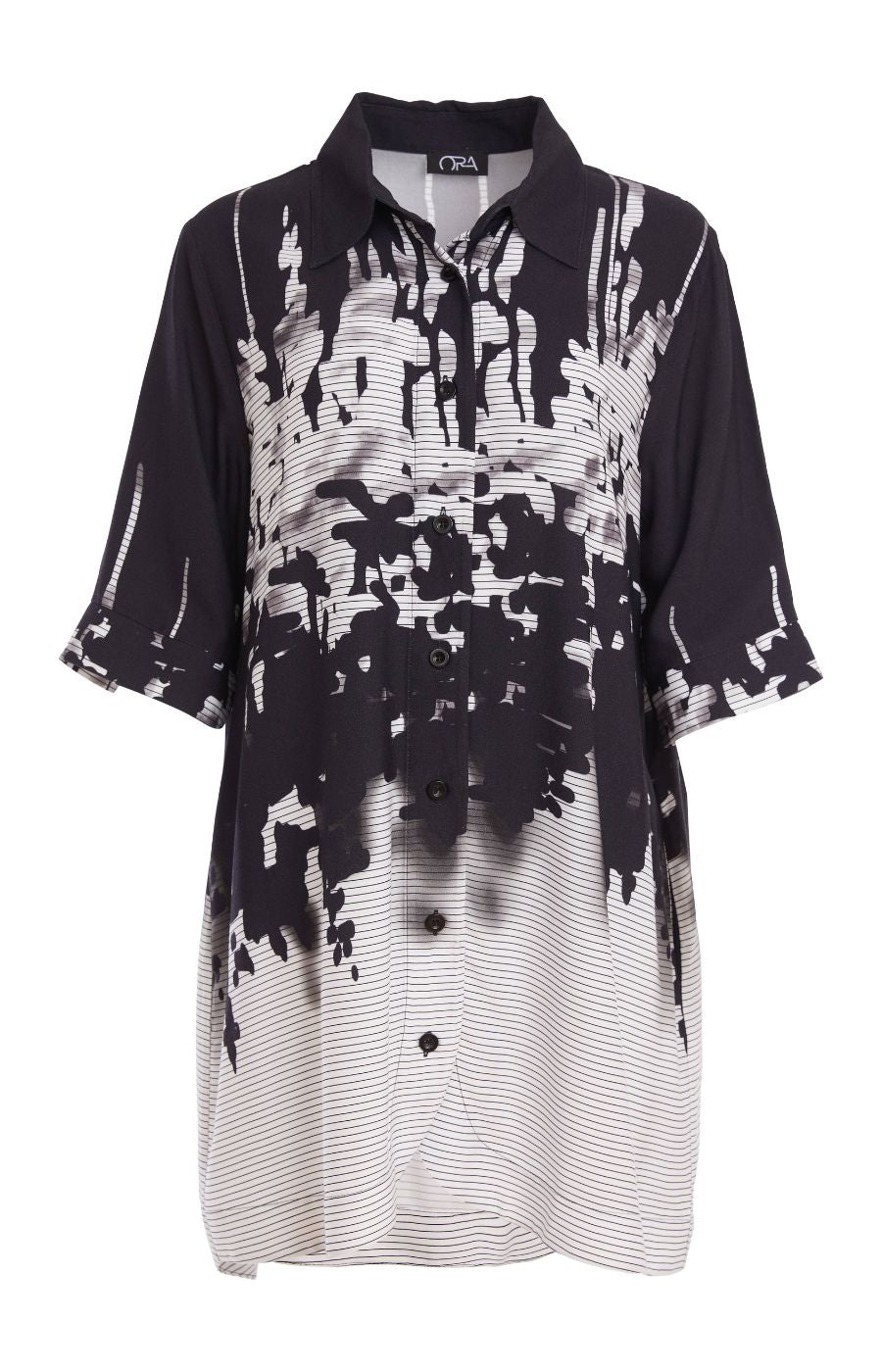 Ora Long Line Printed Shirt in Black 