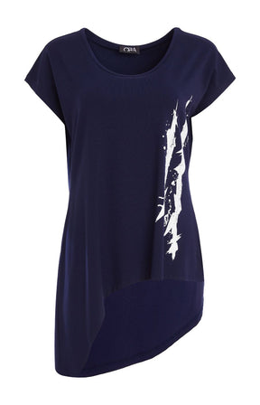 Ora Longline Top in Navy, a long line navy T-shirt with short sleeves, round neckline, curved, asymmetrical hem, with a white design to the side