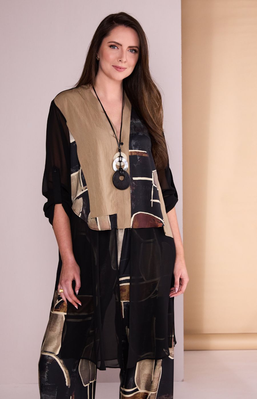 Ora Longline Top with Chiffon in Brown 