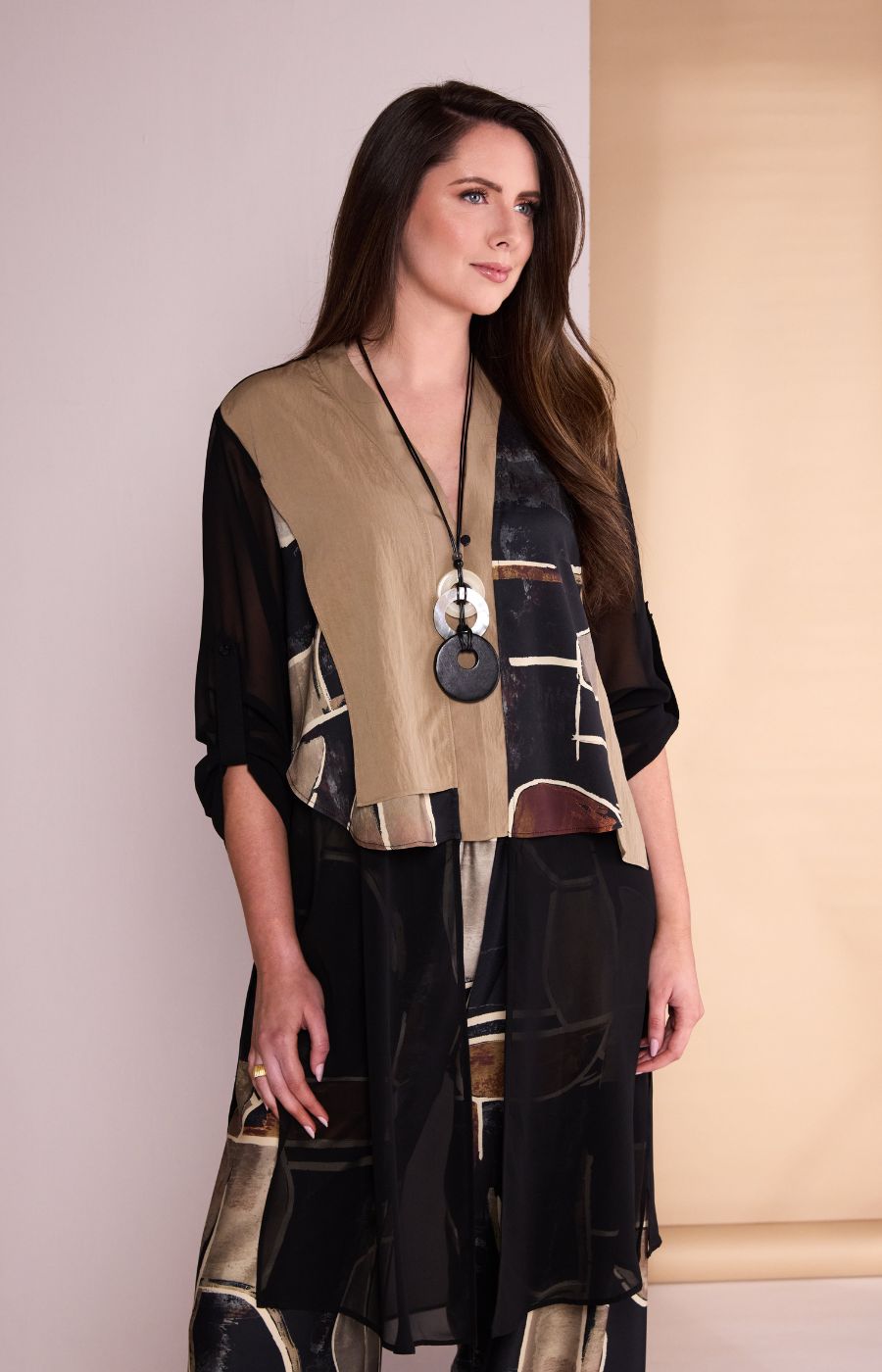 Ora Longline Top with Chiffon in Brown 