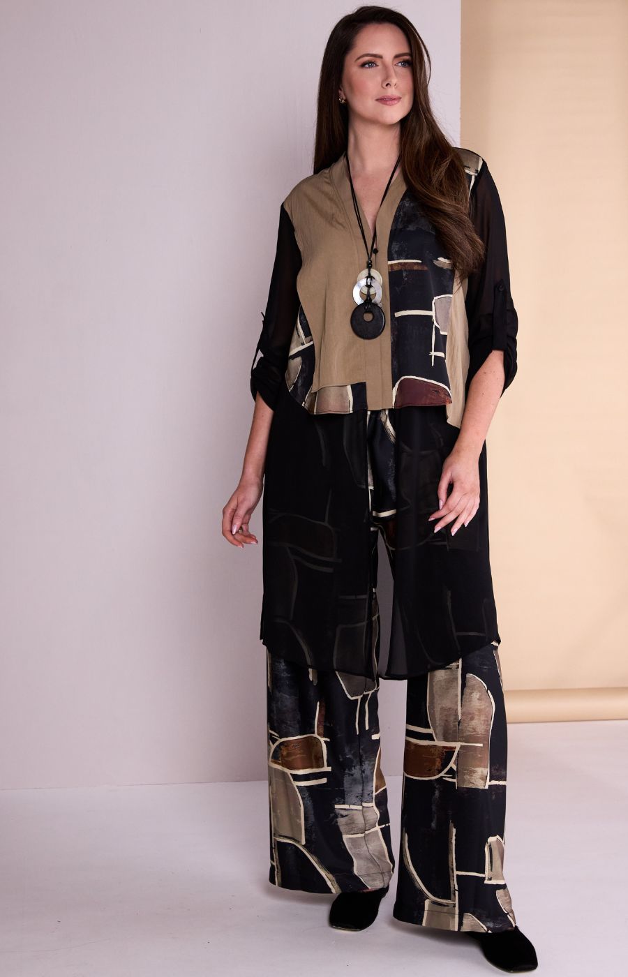 Ora Longline Top with Chiffon in Brown 