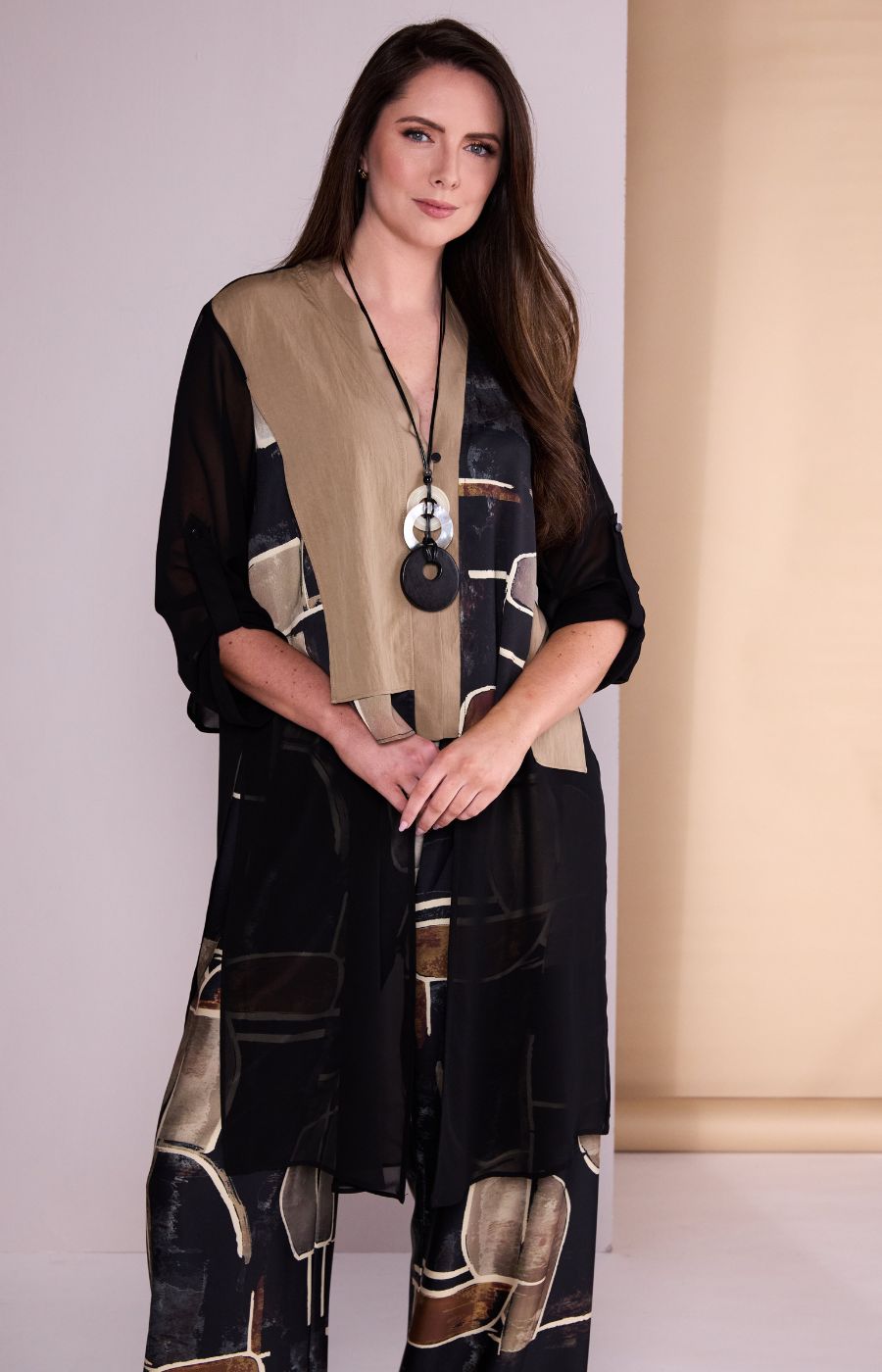 Ora Longline Top with Chiffon in Brown 