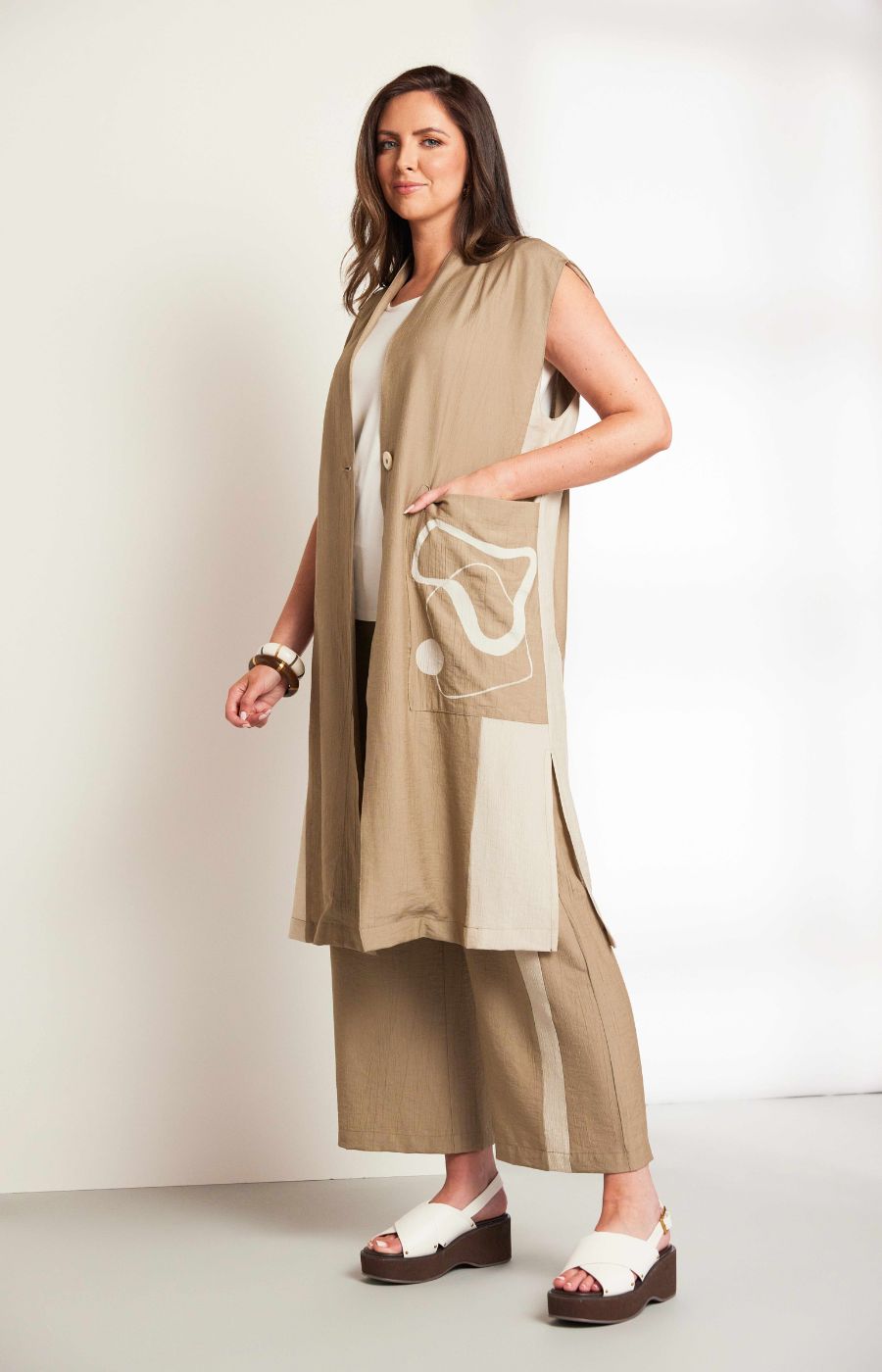 Ora Longline Waistcoat in Beige
