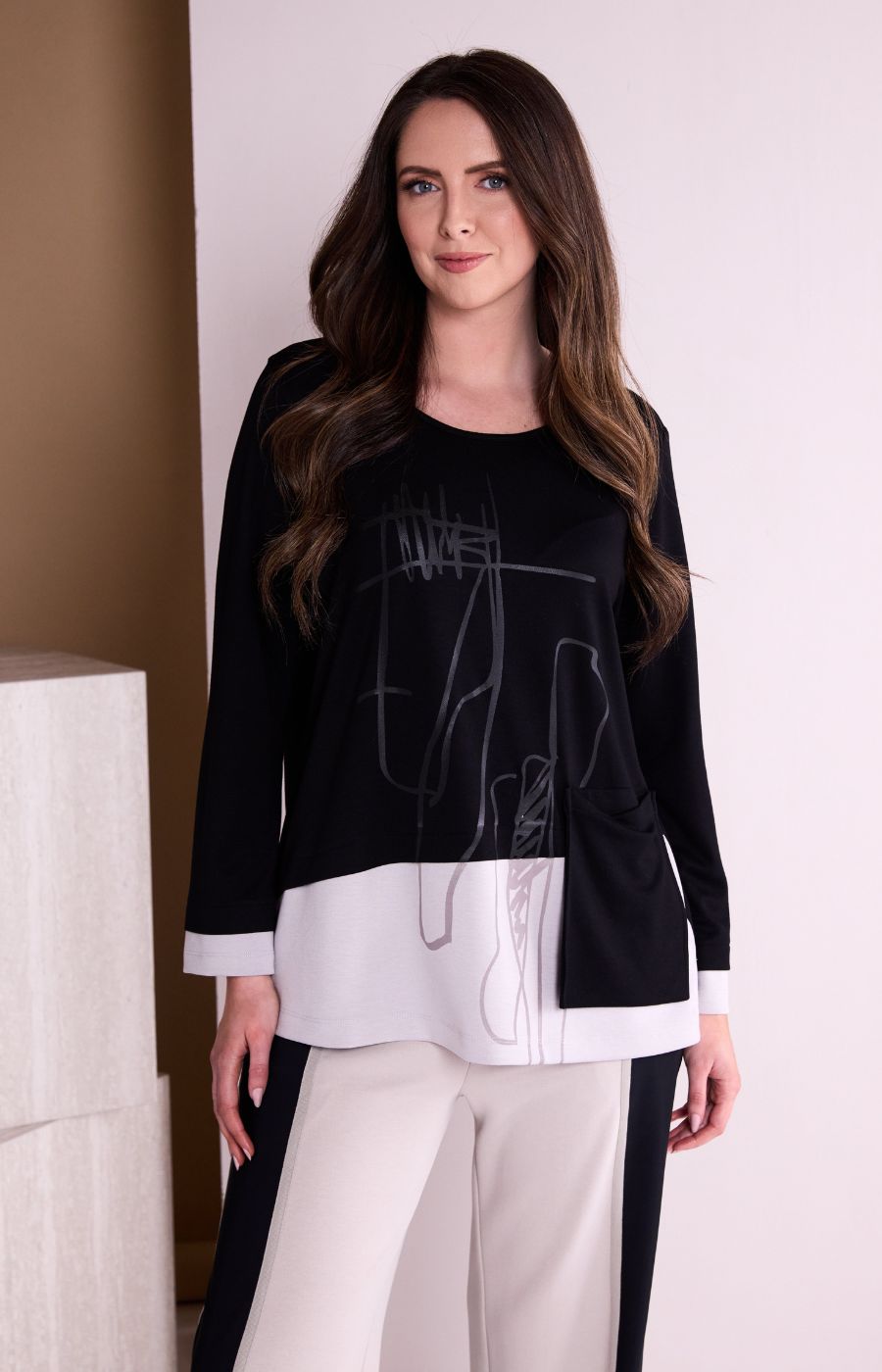 Ora Scribble Pocket Top in Black 