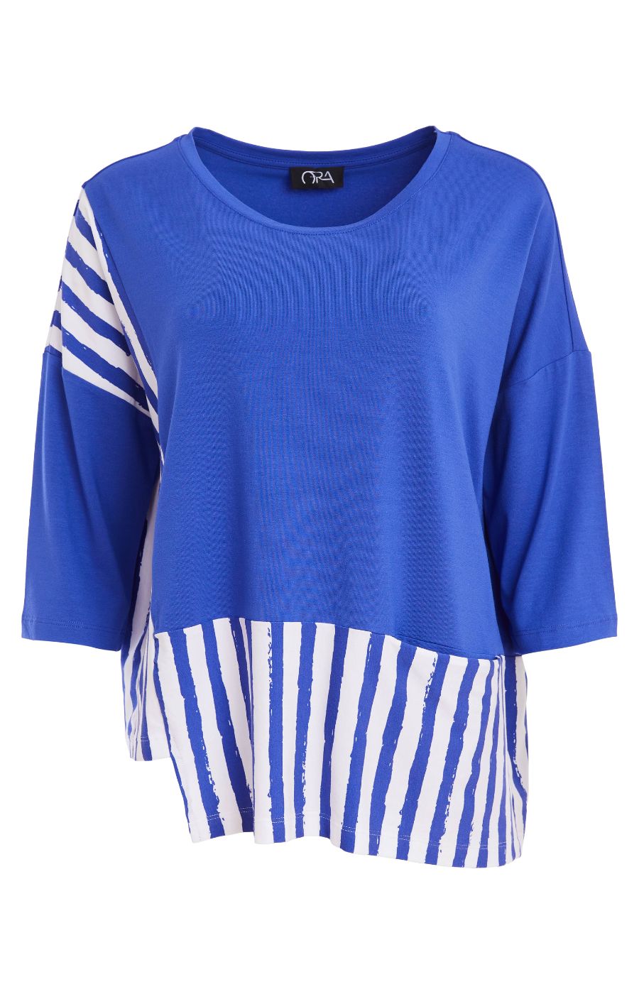 Woman wearing the Ora Striped Pocket Top in Blue, a blue top a round neckline and 3/4 length sleeves with white striped hem against a plain background  