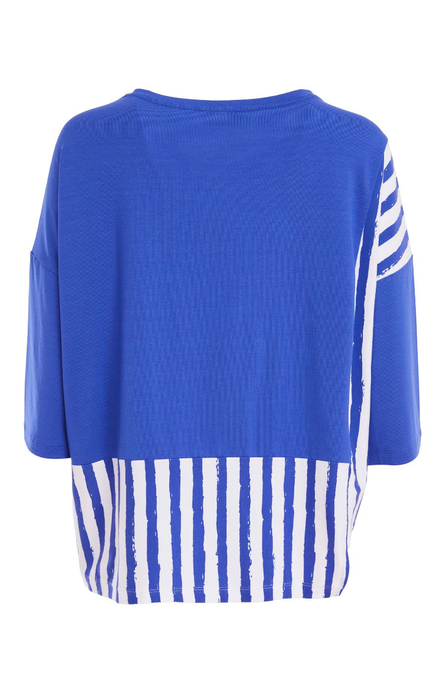 Woman wearing the Ora Striped Pocket Top in Blue, a blue top a round neckline and 3/4 length sleeves with white striped hem against a plain background   