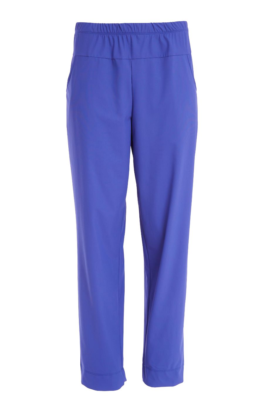 Product image of the Ora Travel Trousers in Blue, a blue pull up style, full length, straight leg trouser with an elasticated waistband and side pockets