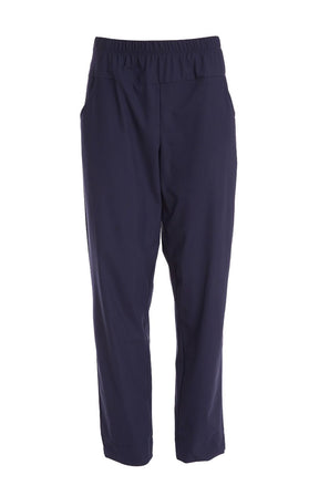 Ora Travel Trousers in Navy, a full length navy trouser with a straight leg, elasticated waistband and side pockets
