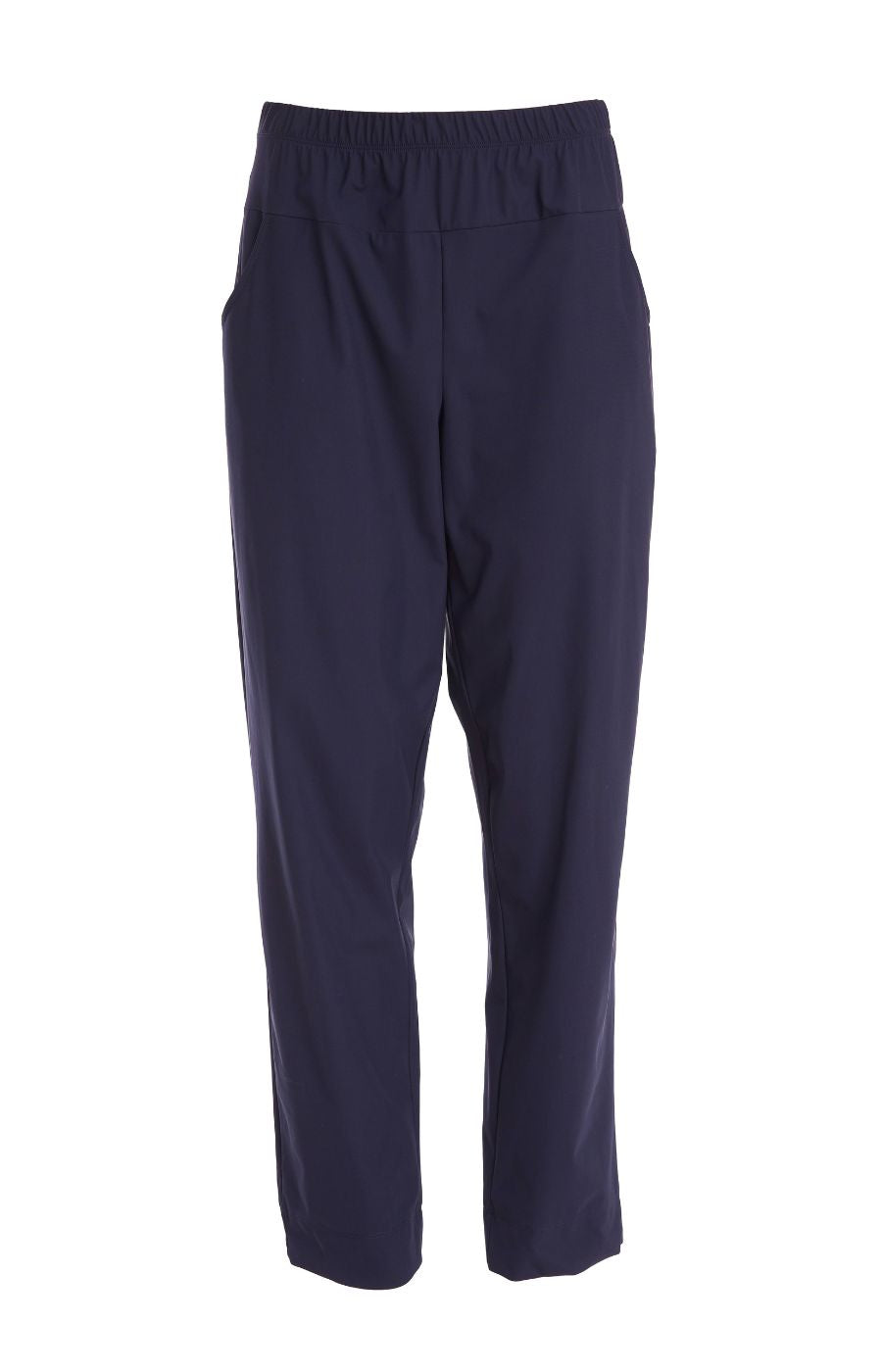 Ora Travel Trousers in Navy, a full length navy trouser with a straight leg, elasticated waistband and side pockets