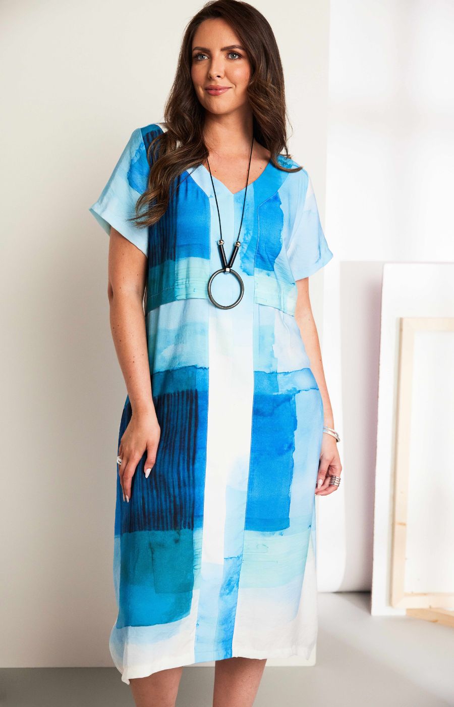Ora V Neck Dress in Blue 