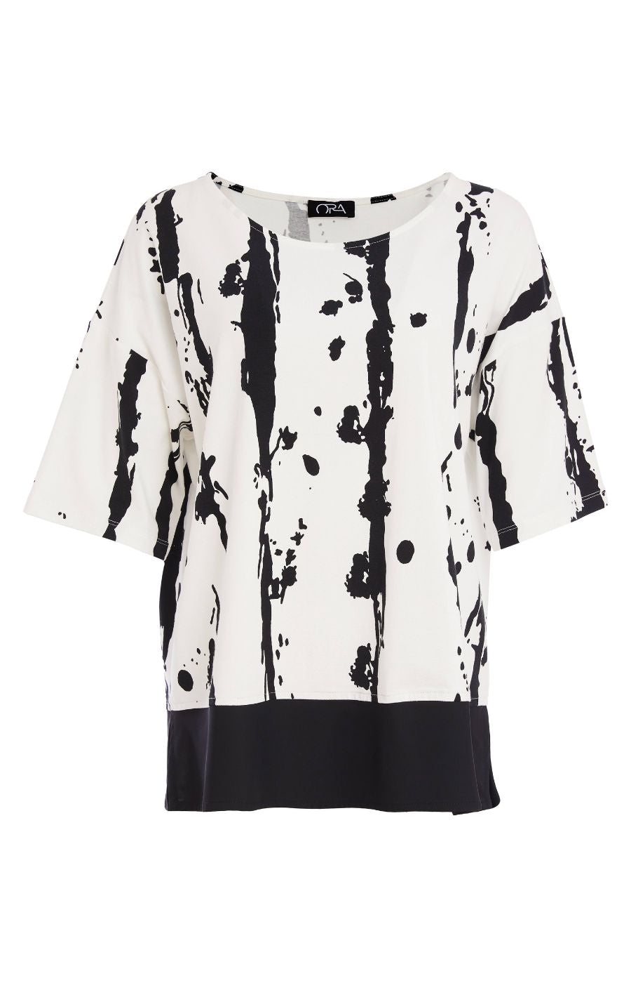 Woman wearing the Ora White and Black Stripe Top, a black and white messy stripe patterned top with 1/2 length sleeves, round neckline, relaxed fit and contrasting hem worn with black trousers.  