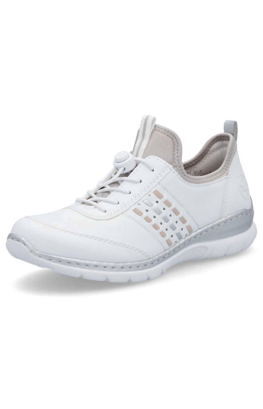 White athletic shoe with gray accents on a white background