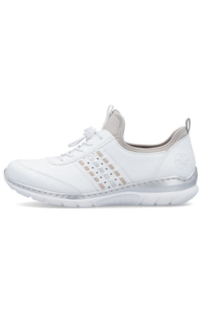 White athletic shoe with gray accents on a white background