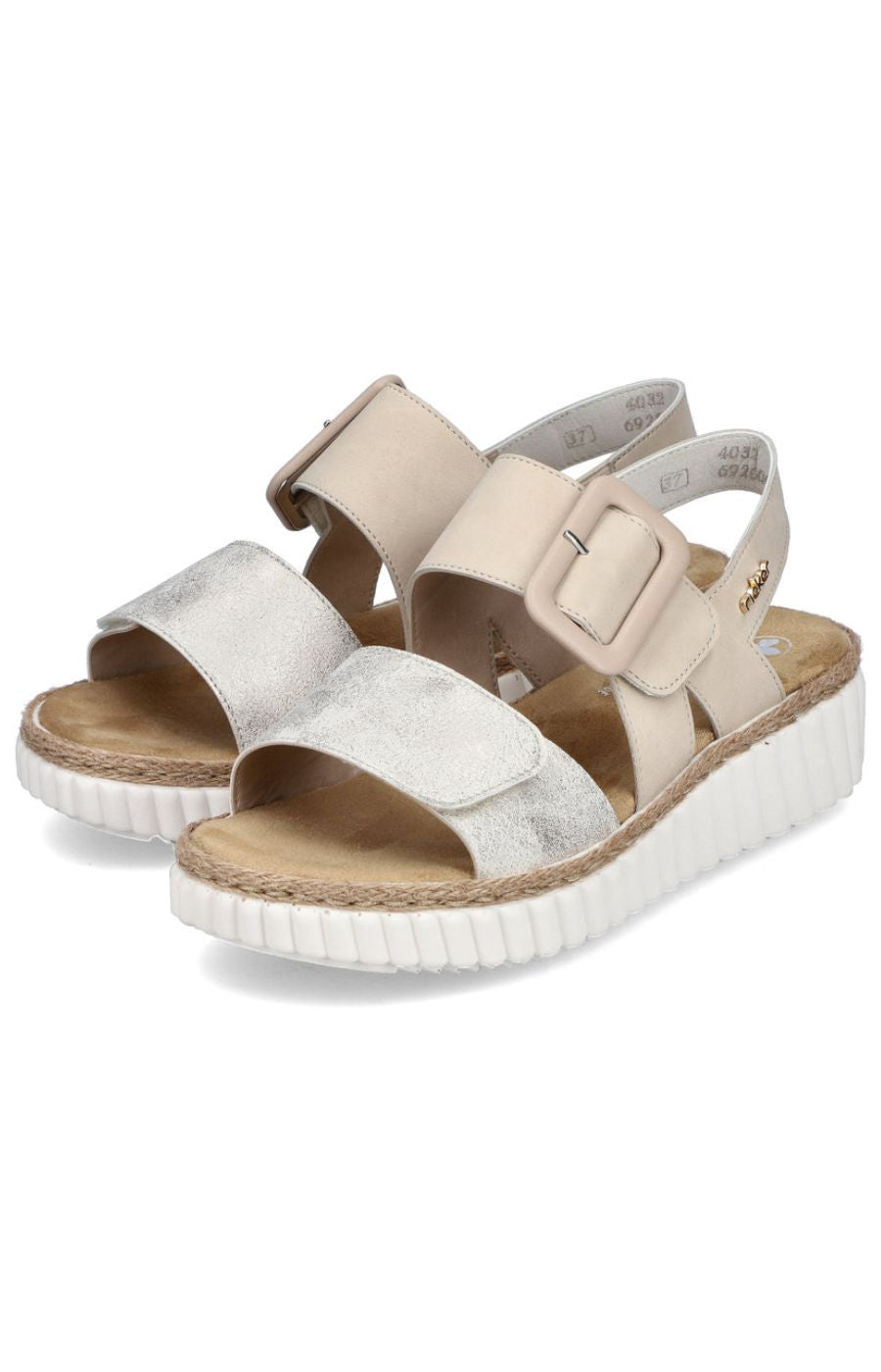 Rieker Buckle Wedge Sandal in Beige 