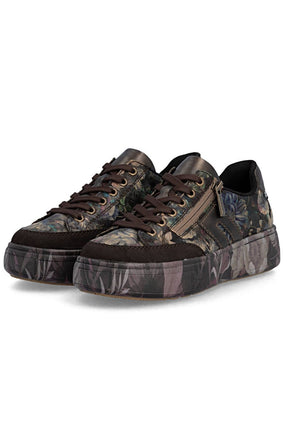 A pair of low-top platform sneakers featuring a dark brown and black floral camouflage pattern, dark brown laces, and a side zipper, shown against a plain white background.