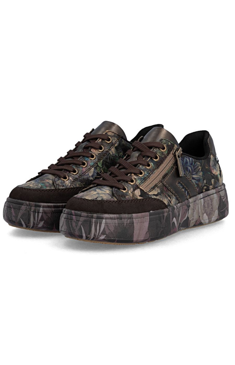 A pair of low-top platform sneakers featuring a dark brown and black floral camouflage pattern, dark brown laces, and a side zipper, shown against a plain white background.