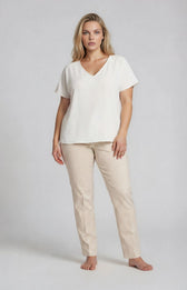 Robell Bella 09 Trousers in Beige Print, a beige and white geo print trousers
